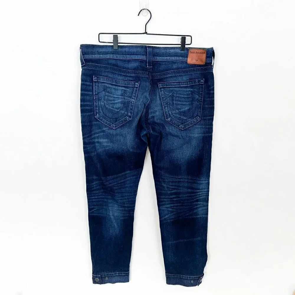 True Religion Mens Relaxed Skinny Rocco No Flap SE Dark Wash Snap Cuff Hidden Bu